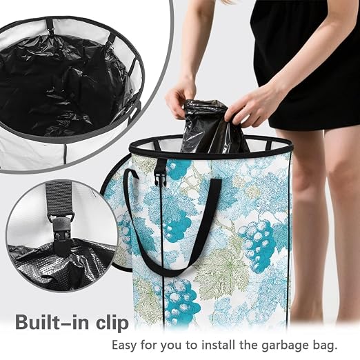 BIGCARJOB Leaves Grape Foldable Trash Can Outside Waste Basket Bin Water Resistant Garbage Bag 22.83x17.71 Recycling Bin Trash Can with Lid and Clip(23 Gallons)