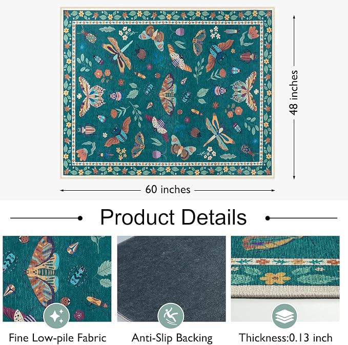 Anidaroel 48"x60" Office Chair Mat for Hardwood Floor/Tile, Anti-Slip Desk Rug for Offices, Insect Print Dark Green Office Rugs for Rolling Chairs, Low Plie Gaming Chair Mat for Hardwood