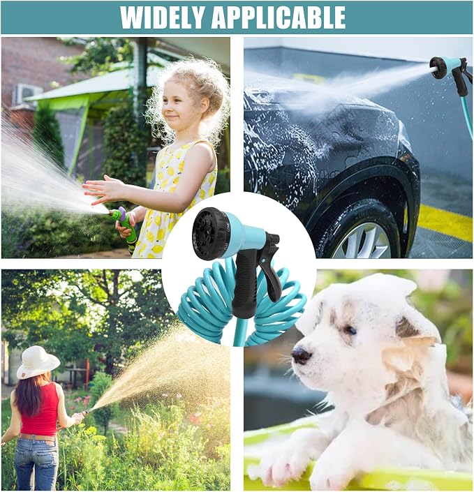 25ft EVA Garden Hose | Curly Water Hose Coil, Corrosion Resistant, 7-Pattern Function Sprayer, Retractable for Outdoors Lawn Car Washing