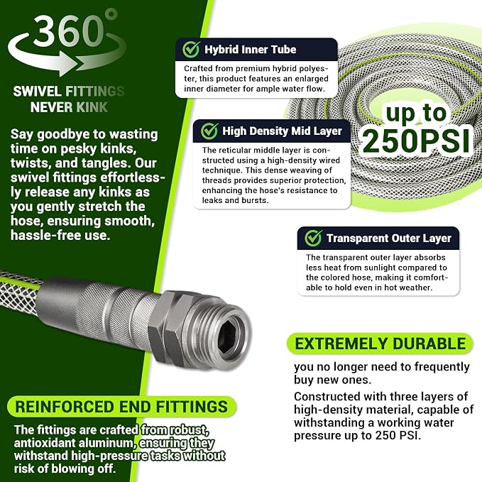 100 FT Heavy Duty Garden Hose, 1/2 ID x 100FT Durable Outdoor Water Hose | Non-Expandable, Leak-Free, Swivel Fittings, No-Kinking, 100 Feet Flexible Hose Pipe for Large Properties & Extended Reach