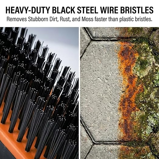3 in 1 Floor Scrub Brush with Long Handle, Deck Weed Tool | High-carbon steel bristles and versatile heads clear patio moss, concrete stains, and driveway crevices without bending