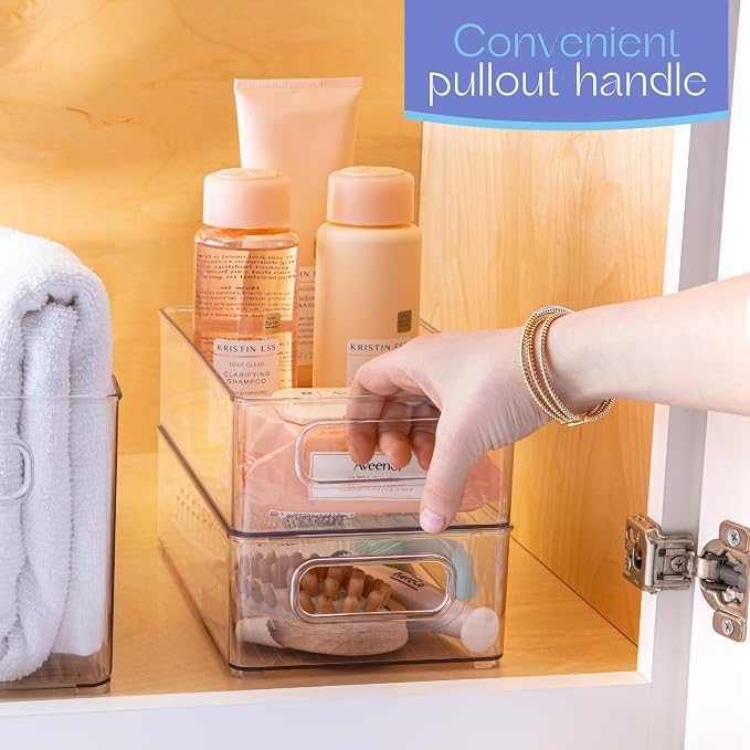Plastic Food Storage 2 Pack Clear Container Bin with Handles for Organizing Kitchen, Pantry, Refrigerator, Freezer, Pantry, Cabinet, Closet, Bathroom. Stackable 10”x6”x3”