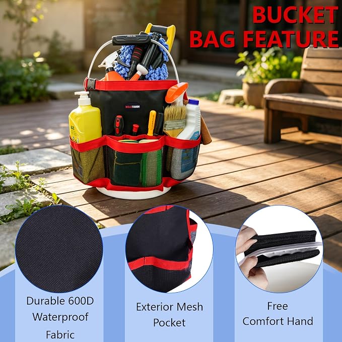 MELOTOUGH Bucket Car Wash Tool Organizer for Garden | Multiple Compartments, Fit 3.5-5 Gal Buckets, Classic Red, Durable Mesh Pockets, Water-Resistant, Easy To Carry