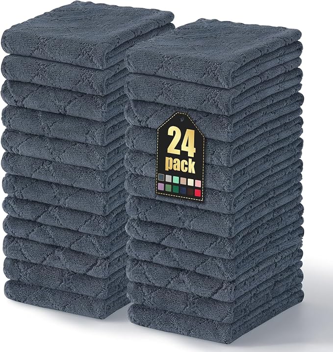 Homaxy 24 Pack Super Soft Absorbent Dish Towels, 10" x 20", Dark Grey | Coral Velvet, Nonstick Oil Fast Drying Microfiber Cleaning Cloth, No Lint Dishtowels for washing