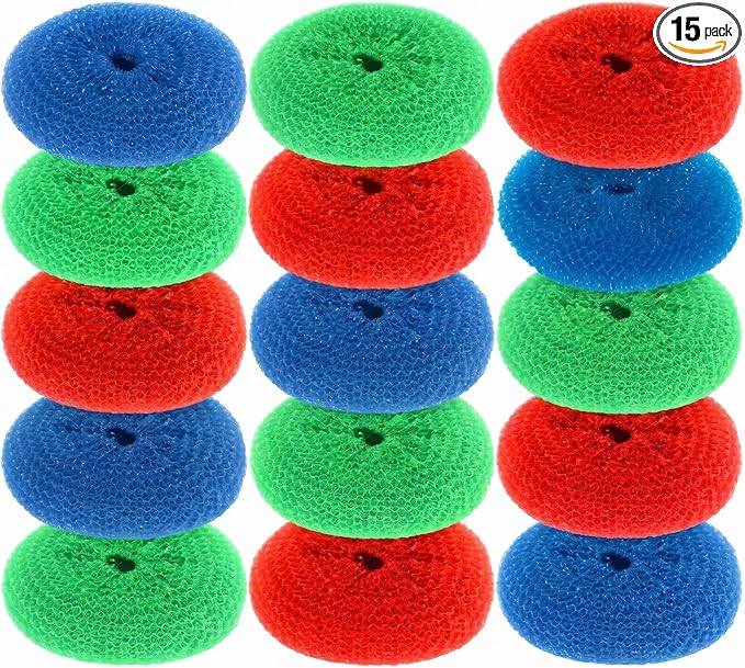 Blulu 15 Pcs Plastic Dish Scrubbers, Nylon Mesh Pads, Primary Colors | Round Scouring Pads, Non Scratch Kitchen Use, Safe on Nonstick Cookware Pots Pans, Durable Mesh Design Ideal with Dishes
