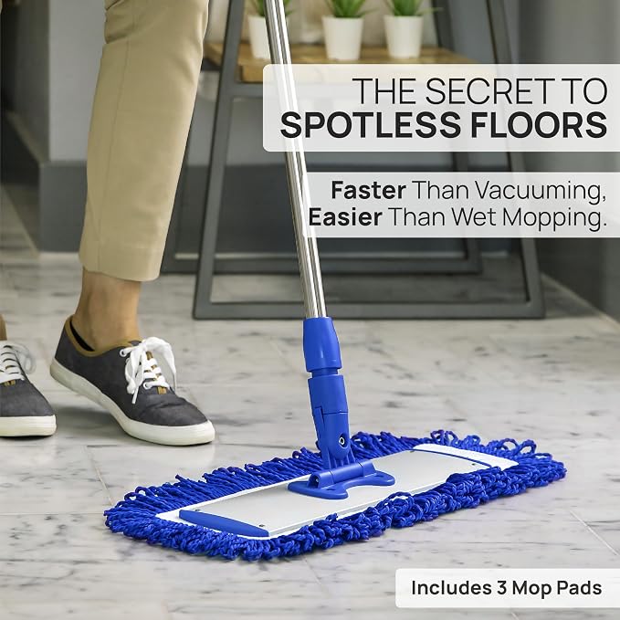 Microfiber Wholesale 24" Professional Microfiber Flat Mop – Wet, Dry & Dust for Hardwood, Vinyl Plank, Laminate & Tile – Commercial Flat Mop System, 64" Stainless Handle, 3 Reusable Pads