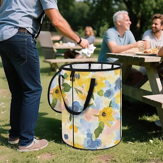 Yellow Floral Collapsible Trash Can 24 Gallon Pop-Up Outdoor Garbage Can with Handles Waterproof Lightweight Storage Bag with Lids for Laundry Toy Room Garden Patio Camping