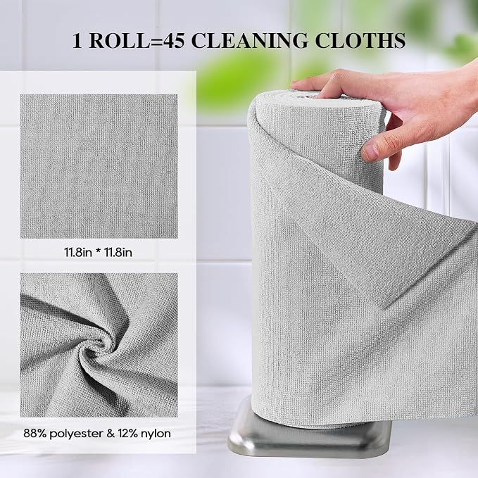 Microfiber Cleaning Cloth Roll 90 Pack, 12"×12", Tear Away, Blue & Grey | Tear Away, Reusable, Highly Absorbent, Lint Free,Washable, All-Purpose for Kitchen, Window, Car, Shop