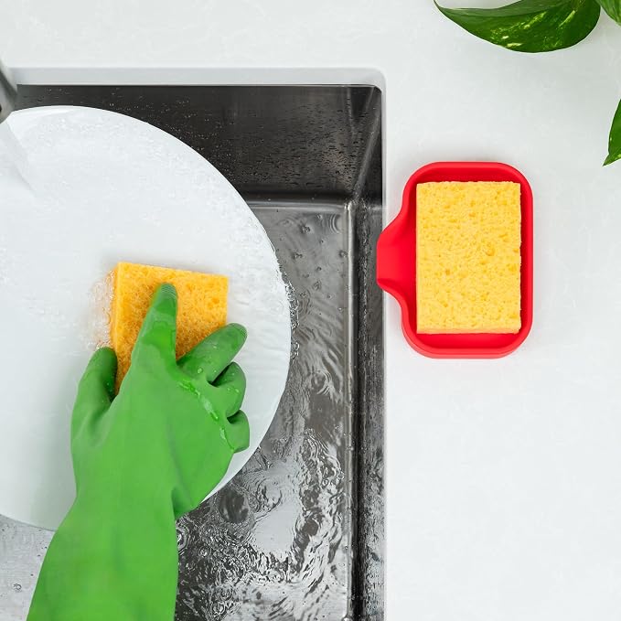 Zulay Kitchen Small Silicone Sponge Holder (4.9x3.3”) – Space-Saving Sink Organizer Tray for Sponge, Soap, Brush & More – Compact Non-Slip Dish for Kitchen & Bathroom (Red)