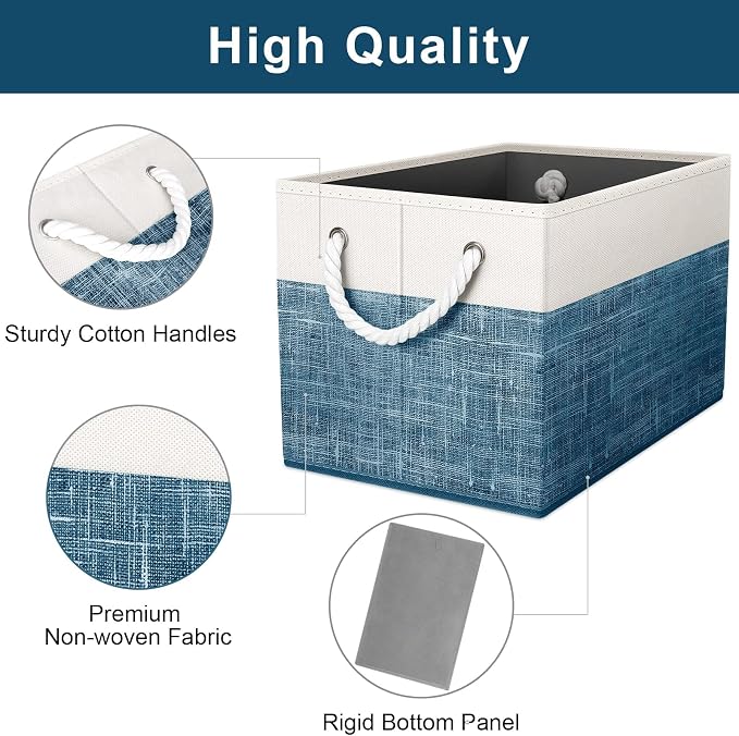 Storage Bins 6-Pack, Foldable Storage Baskets for Organizing Toys, Books, Shelves, Closet, Large Storage Box with Rope Handles, Sturdy Organizer Bins, White & Blue