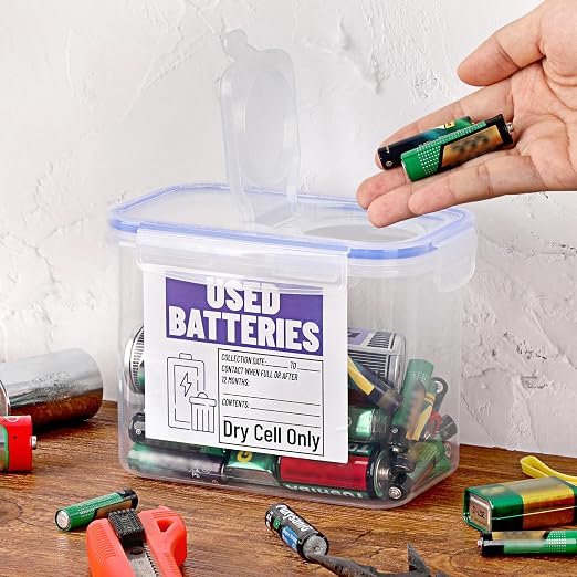 BTSKY Battery Recycling Container with Lid for Household Batteries, Blue | Battery Disposal Container 1.3 L Capacity Dry Cell Storage Recycling Bin with Label for Home Use, Office, Garage