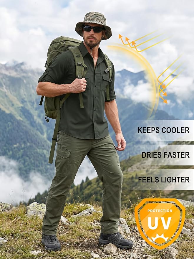 linlon Men's Safari Shirt UV Sun Protection Long Sleeve Hiking Travel | Button Down Mesh Back Vents UPF 50+ Quick Dry Breathable Cool Lightweight Outdoor Travel Fishing Gardening Clothes
