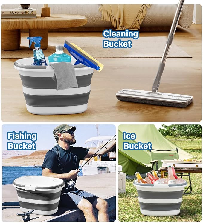Collapsible Bucket, Upgraded 16L (4.2 Gallon) Collapsible Mop Bucket with Multi-Functional Lid, Foldable Portable Bucket Camping Beach Sand Pool Boat Fishing-Water Pot Pail-Space Saving Square