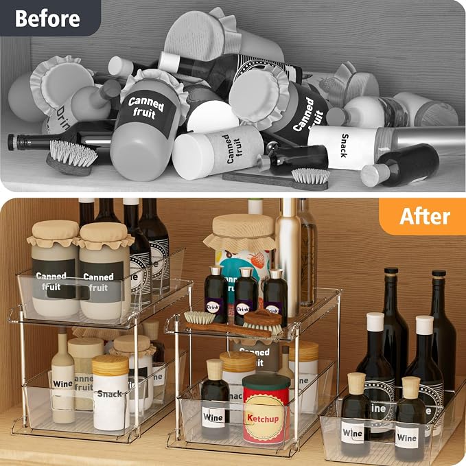 Fabspace Bathroom Under Sink Organizers and Storage, 2 Tier, 1 Pack | Clear Vanity Countertop Pull-out Cabinet Organizer, Stackable Multi-Purpose Kitchen Pantry Organization with Dividers