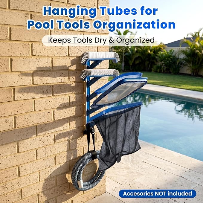 POOLAZA Pool Equipment Storage Rack, Pool Tool Organizer for Cleaning Tools | Durable ABS Rack with Aluminum Support Plate, Holds Skimmer Nets, Brushes, Vacuum Heads, Poles & Hoses with 5 Holders & Strap