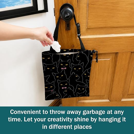 Coquette Black Cat Car Trash Bag Hanging for Back Seat | Canvas Drawstring Car Garbage Bag with Adjustable Buckle Vehicle Trash Can,Black Cat Lover Mom Gifts