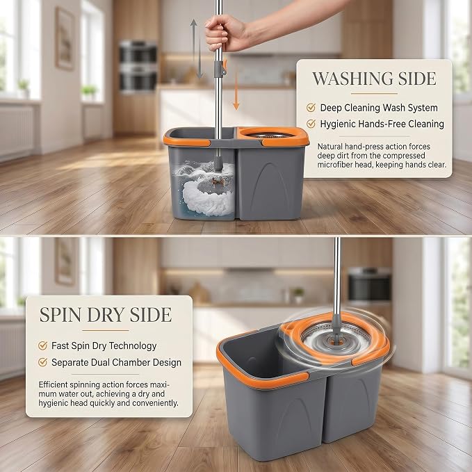 Spin Mop and Bucket Set with 3 Extra Heads, 130cm Extendable Handle - Grey and Orange, Microfibre Mop Head, Self-Wringing System, for All Hard Floors and Tiles
