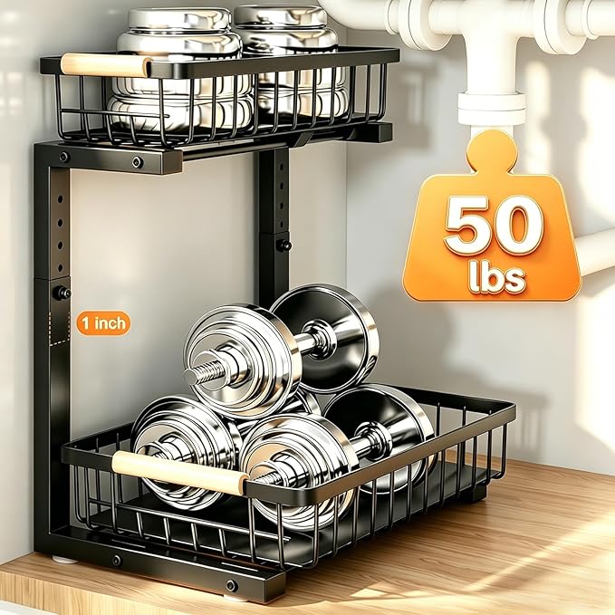 REALINN Under Sink Organizer, Adjustable 2 Tier Pull Out Kitchen Bathroom | cabinet organizer, 5 level adjustable, quiet sliding rails, dual suction and nano tape, no drill, rust resistant holds 50 lbs