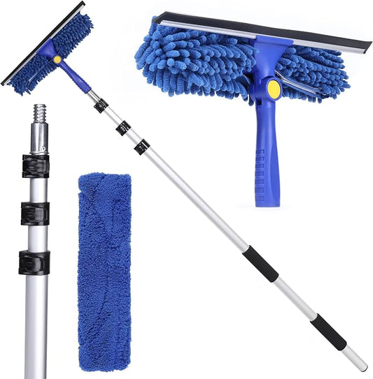 2-in-1 Window Squeegee with 4–12 ft Telescopic Extension Pole | Window Washing Kit for Home & Commercial Glass Doors, High Windows, 2 Sleeves Included