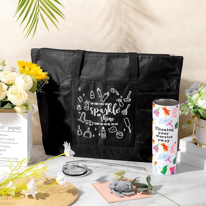 Sieral Housekeeping EVS Week Appreciation Gifts,Thank You,Black | Insulated Tumbler 20oz & Large Tote Bag Set for Women Custodian School Healthcare Cleaning Crew House Cleaner Maid Janitor