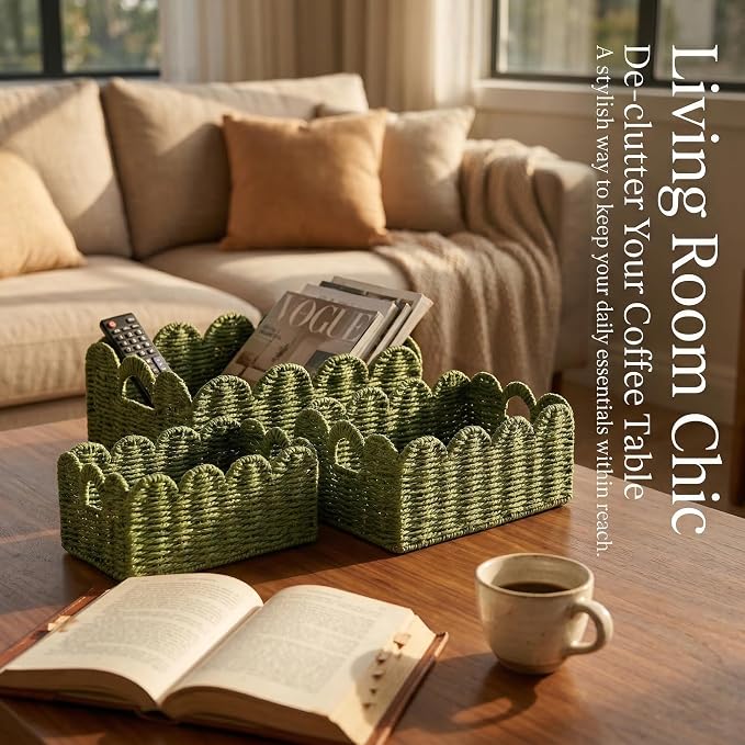 Scalloped Wicker Basket Set of 3, Hand-Woven Storage with Handles | set of 3 green scalloped baskets with handles. Hand-woven paper rope for shelves, bathroom or closet. Stackable, sturdy.