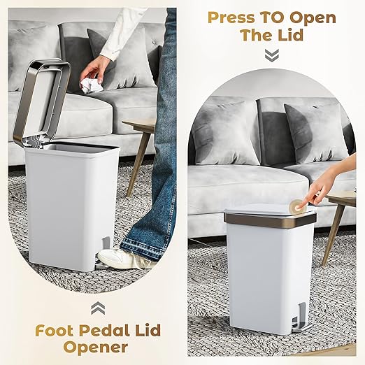 Small Bathroom Trash Can with Lid,2.6 Gallon Step Pedal Wastebasket | Plastic Garbage Can with Pop-Up Lid and foot pedal,Dorm Trash Can,White Trash Bin for Bedroom,Office,Laundry,Toilet,Rv