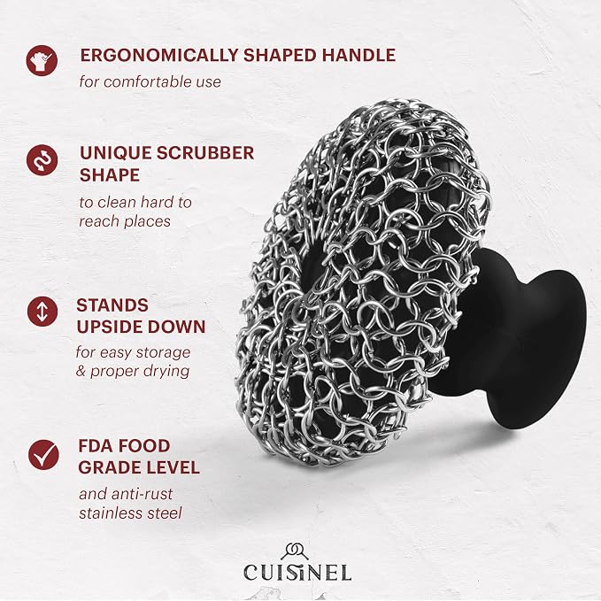 Cuisinel Cast Iron Chainmail Scrubber + Pan Scraper - Deluxe Ergonomic Stainless and Silicone Cleaner for Pots and Skillets - Food-Safe Design - Easy to Clean Dishwasher Safe Cookware Sponge Accessory