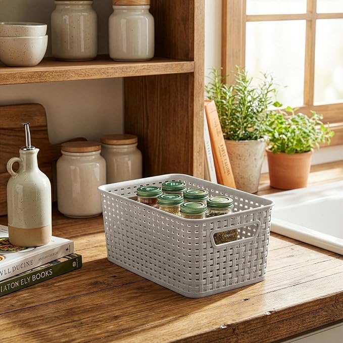 BINO | Plastic Storage Baskets, 5.5 Liter - 3 Pack, Natural Grey | THE WOVEN COLLECTION | Storage Basket for Shelves | Woven Storage Baskets for Organizing Bins Pantry Shelf Organizer | Container Bin