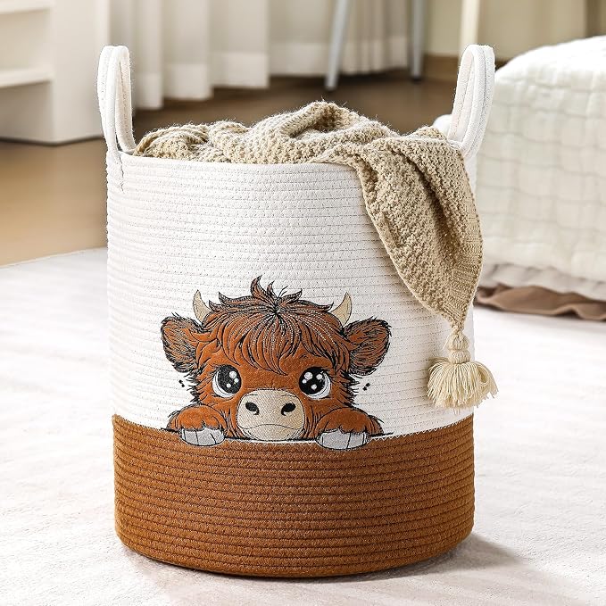 Honeydak Highland Cow Laundry Basket Brown Tall Cotton Rope Laundry Hamper Large Nursery Storage Basket for Toy Clothe Bathroom Bedroom Organization Decor, 15 x 17.7 Inches