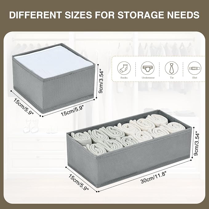 DIMJ Drawer Organizers Clothes, Set of 4 Dresser Organizer Bins, Fabric Closet Organizers and Storage, Shallow Drawer Dividers for Nursery, Clothing, Baby Clothes, Socks, Underwears, Tie (Grey)