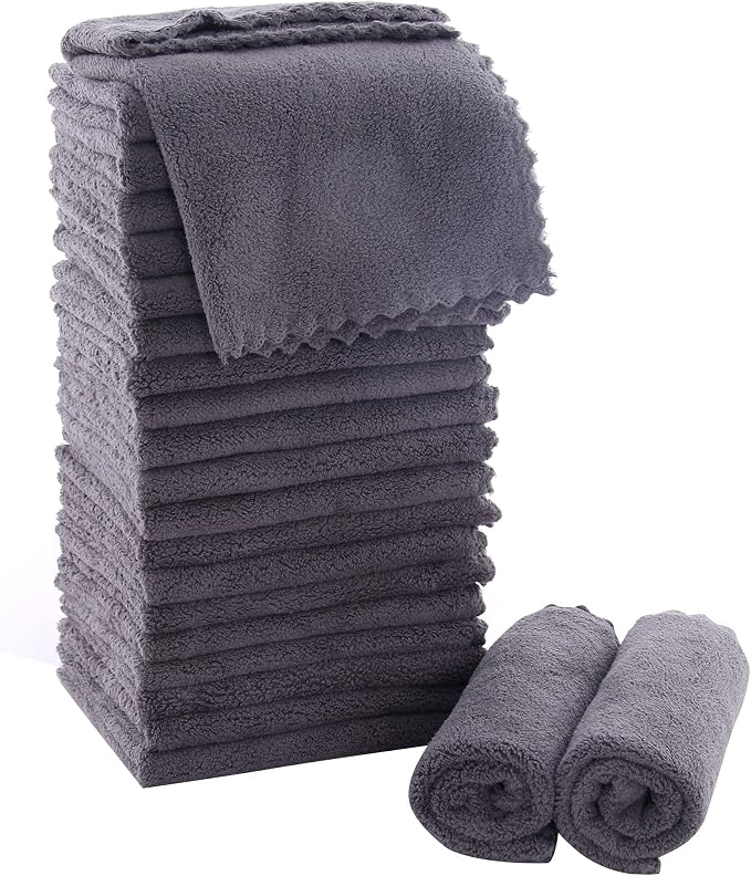 MOONQUEEN Ultra Soft Premium Washcloths Set - 12 x 12 inches - 24 Pack - Quick Drying - Highly Absorbent Coral Velvet Bathroom Wash Clothes - Use as Bath, Spa, Facial, Fingertip Towel (Grey)