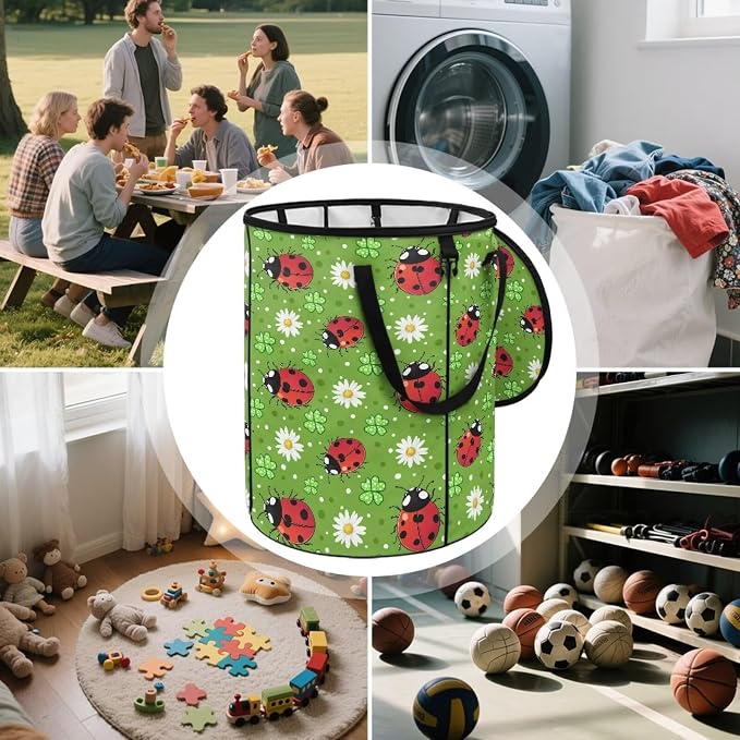 Ladybug 24 Gal Collapsible Trash Can Waterproof Pop-Up Pop up Trash Can for Camping Backyard & Car Travel Easy to Clean Outdoor Garbage Bin Reusable Camping Essentials