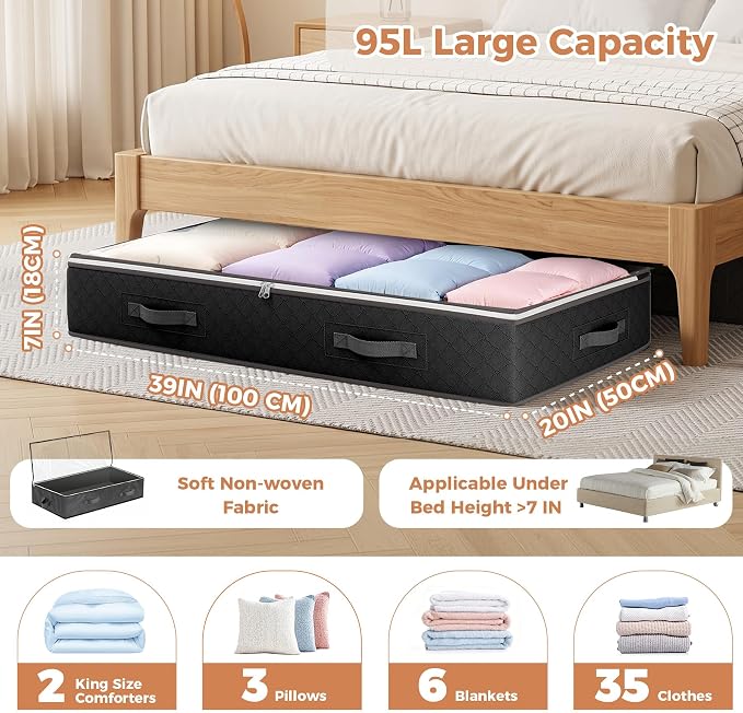 Budding Joy 95L Under Bed Storage Containers, 6 Pack Clothes Storage Bins | Foldable underbed storage bins for linen sheets, blanket, clothing, comforter, sweaters, pillows, wrapping paper, black