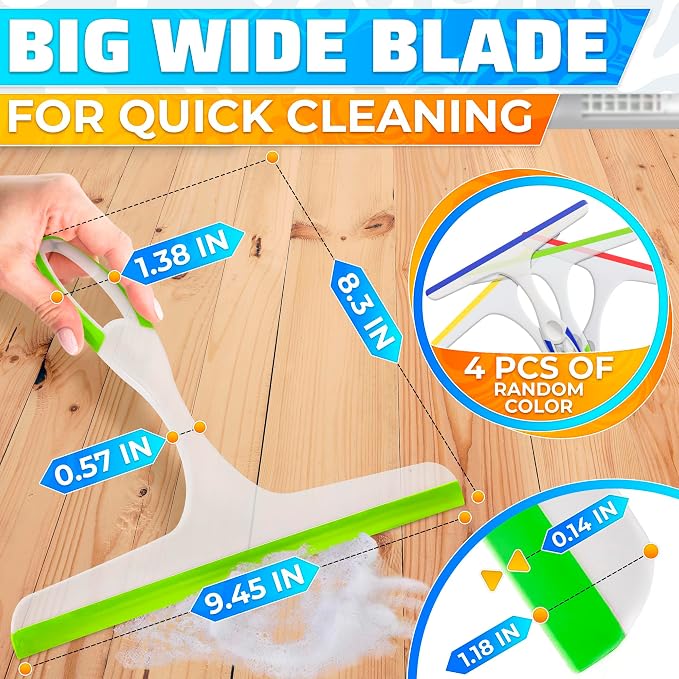 4 Pcs Hand Squeegee for Shower Glass, 9.45 in Silicone Blade | Small Squeegee for Window Cleaning; Streak-Free; Durable Plastic Grip; Hanging Hook; for Mirror, Tile & Glass Doors