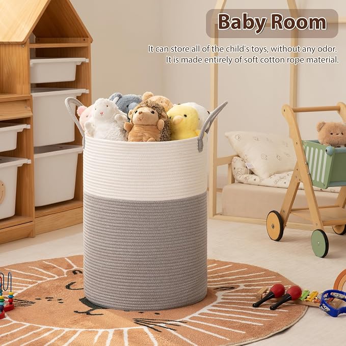 OIAHOMY 100L Nursery Hamper Laundry Basket Laundry Hamper Grey/White | collapsible Blanket Basket Cotton Rope Woven Basket Dirty Clothes Hamper Baby Hamper Tall Clothes Hamper with Handles