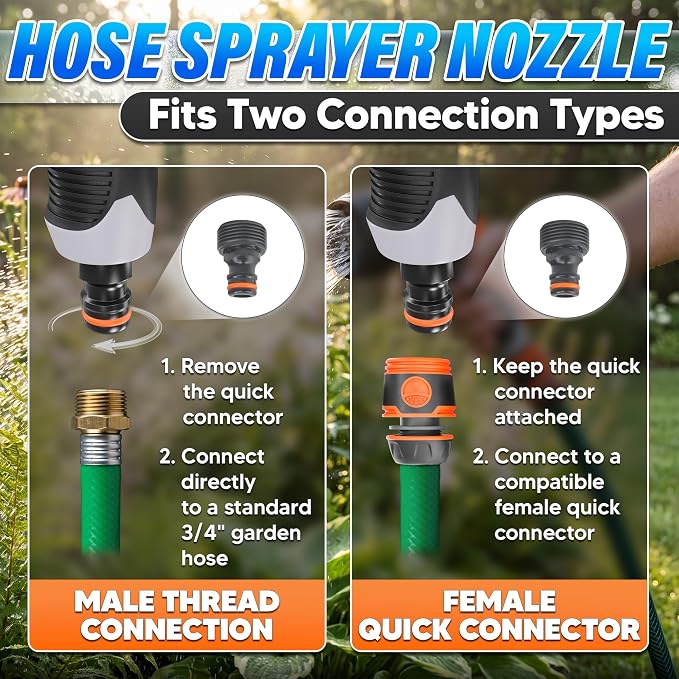 8 Pattern Garden Hose Nozzle Heavy Duty High Pressure Sprayer | Rubber-Grip ABS Water Hose Nozzle for Car Washing, Plant Watering, Deck Rinsing and Dog Bathing, Leak Proof Adjustable Flow