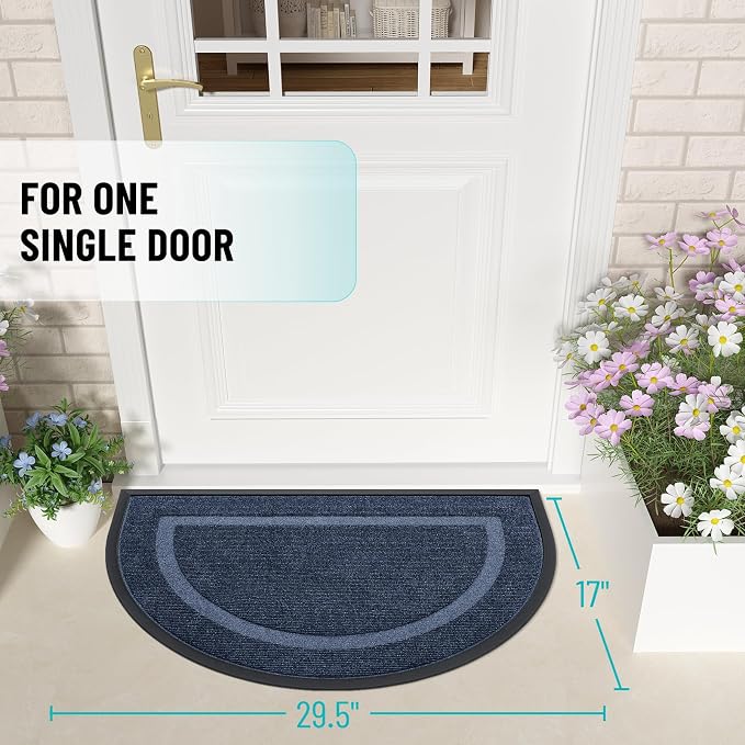 OLANLY Half Circle Front Door Mat Outside 29.5x17 All-Season Rubber Doormat | Blue, Absorbent, Heavy-Duty, Stain and Fade Resistant, Waterproof Non-Slip Backing, Low-Profile Indoor Outdoor Entryway Mat