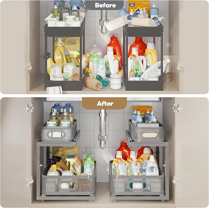 2 Pack 18.5IN-Depth Under Sink Organizer With Next-Gen Ball-Bearing Slides,2-Tier Precision Mesh Pull Out Cabinet Storage for Bathroom&Kitchen,Height Adjustable Drawers Shelf,Anti-rust-Grey