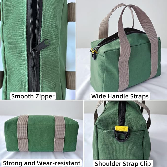 14 Inch Canvas Tool Bag, Small Tool Bag for Men, Large Capacity Wide Mouth Tool Organizer Tote Bag for Storage Hand Tools Wrenches (Green, 14 Inch)