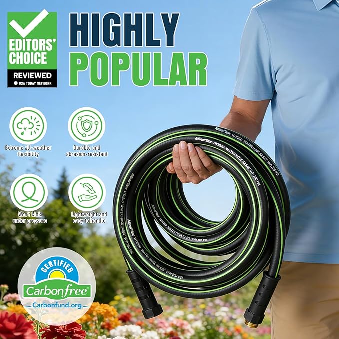 Non-Expandable Garden Hose 25ft, Lightweight Hybrid Rubber PVC Water Hose, Kink Resistant, Solid Brass 5/8" Fittings, 200PSI Working / 600PSI Burst, for Yard RV Car Wash