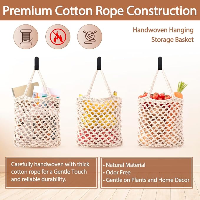 3 Hanging Baskets,White,Mesh,Cotton Rope | Wicker Wall Baskets with Hooks for Fruit Vegetable Onion Storage, Teardrop Organizer for Kitchen, Boho Farmhouse Decor