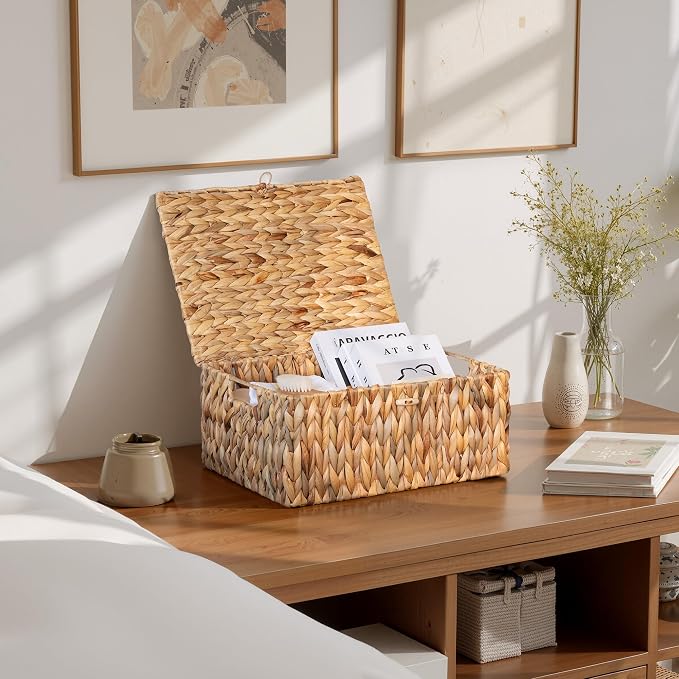 StorageWorks Wicker Basket with Lid, Storage Baskets with Lids, Hyacinth | Woven Baskets with Lids for Shelves, Wicker Storage Baskets with Lids, Lidded Baskets for Organizing, Extra Large, 1 Pack