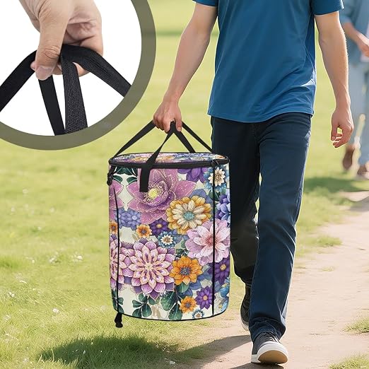 Blooming Flower 24Gal Collapsible Trash Can w/Lid & Sorting Clips Multifunctional Camping Recycling Bin Waterproof Reusable Pop-Up Trash Bag for Outdoor Party Hiking 18x18x23 in