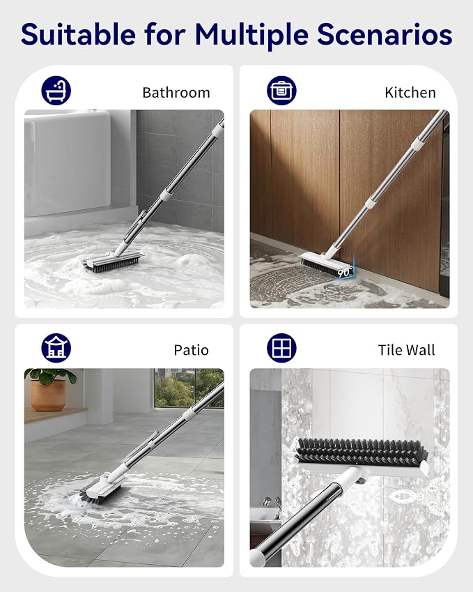 3 in 1 Adjustable Small Floor Scrub Brush with Long Handle | 360 rotating head Right-angle Heavy-Duty Stiff Bristle with Squeegee and Tweezer for Cleaning Bathroom Tile Patio and Kitchen