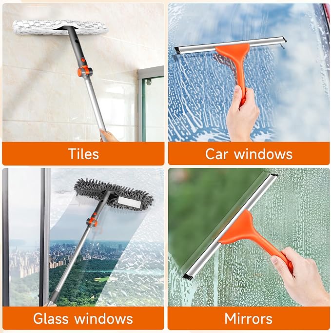 Chabatree 2-in-1 Window Squeegee Cleaner Set with 62" Extendable Pole, Window Cleaning Kit with Bendable Head for Indoor & Outdoor Glass, Professional High Window Cleaning Tool for Car & Home(Kit2.0