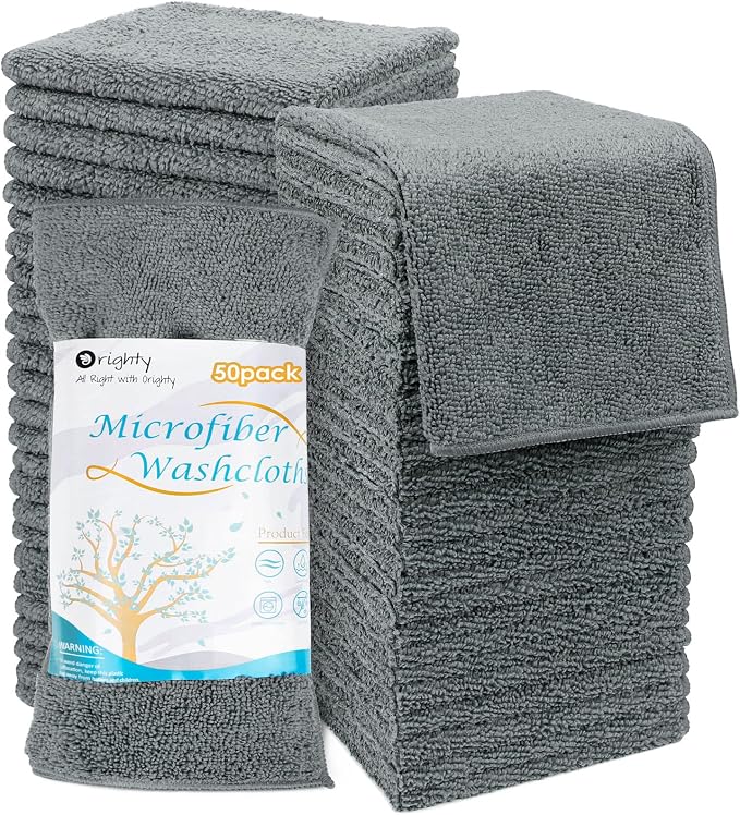 Orighty Washcloths Bulk, 50 Pack Microfiber Face Towels, 12x12 Inch Grey | Highly Absorbent & Soft Feel, Multi-Purpose Wash Cloths & Hand Towels for Bathroom, Hotel, Spa, and Gym