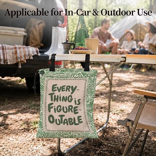 Green Botanical Inspirational Car Garbage Bag Canvas Trash Can | Everything Is Figureoutable Drawstring Car Trash Bag Hanging for Back Seat with Adjustable Buckle