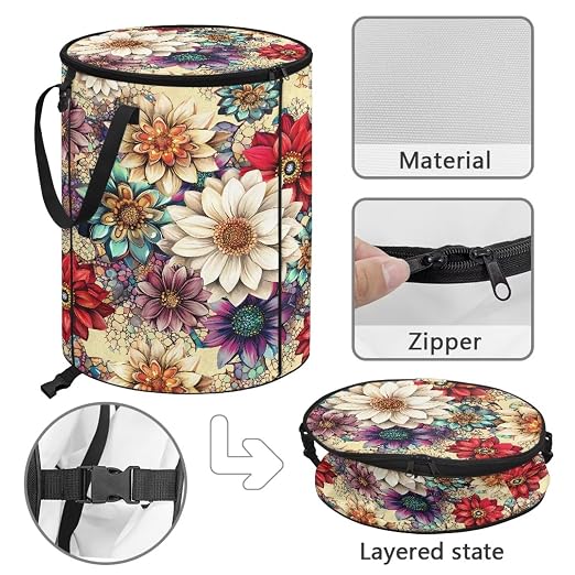 BIGCARJOB Boho Floral Large Trash Can with Lids, Camping Trash Can Collapsible Garbage Cans Water Resistant Garbage Bin Storage Holder for Outside, 22.83x17.71 in