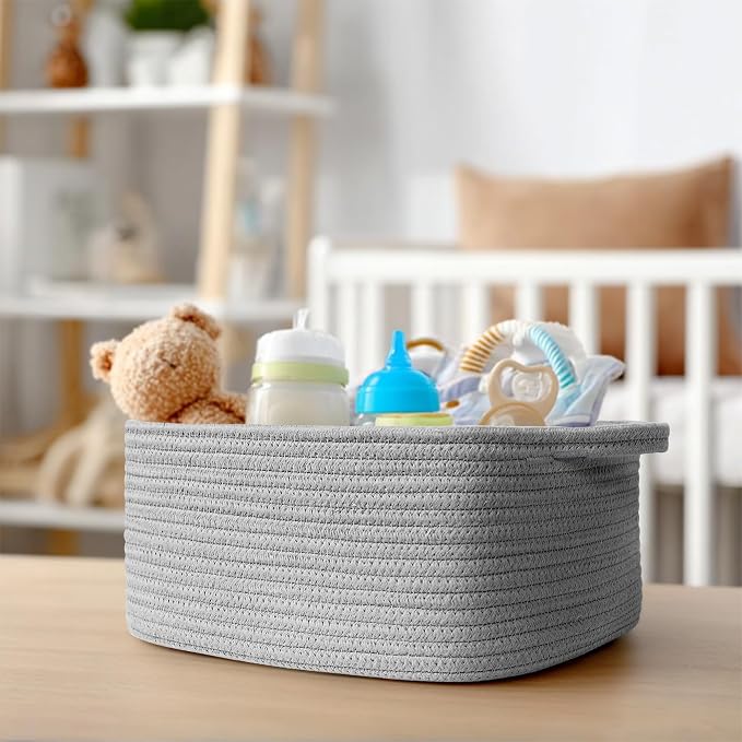 Cute Gray Gift Basket, Woven Baskets for Gifts Empty, Cotton Rope Storage Bin for Organizing, Kids Cat Dog Toy Box, Baby Nursery Organizer, Wicker Easter Basket with Handle, Grey Room Decor