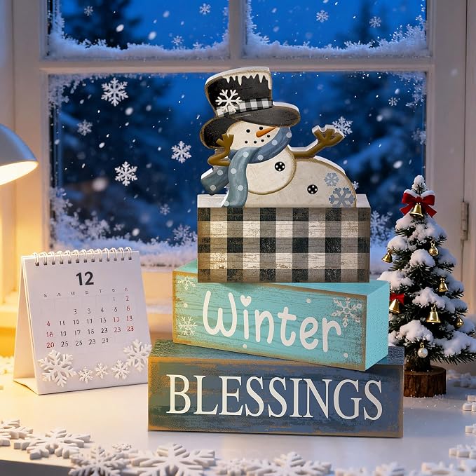 Moucuny 4 Pcs Winter Snowman Wooden Signs Farmhouse Tiered Tray Decor | Buffalo Plaid Snowman Design, Shelf Decor for Kitchen Living Room, Rustic Centerpiece, Winter Blessings for Farmhouse